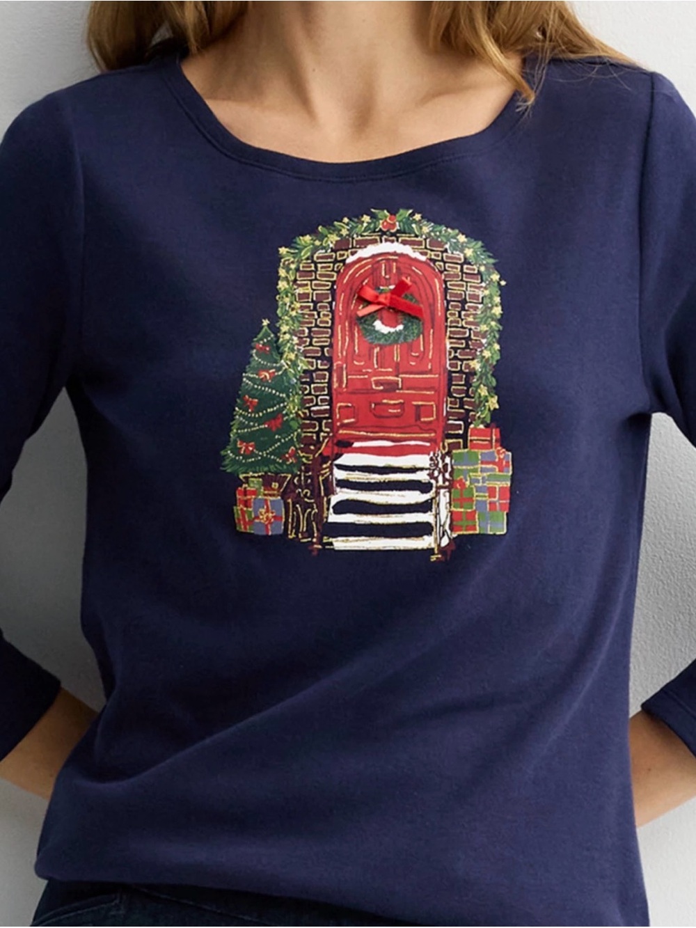 croft & barrow Navy Long-Sleeve Tee with Holiday Accents. Size XXL.